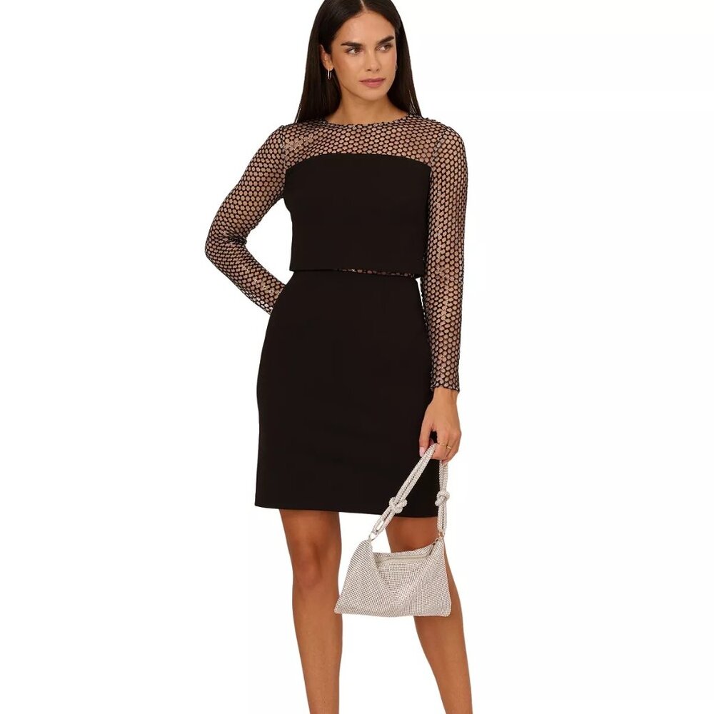 Aidan by Adrianna Papell Women's Mesh-Trim Sheath Crepe Dress Black Size 14